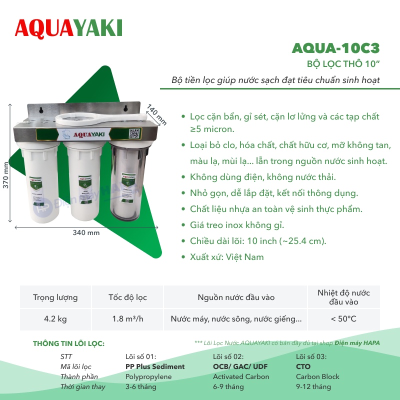 Bộ 3 Cốc Lọc Nước Cao Cấp AQUAYAKI Kèm Lõi 10 inch Cốc Tiền Lọc, Tiền Xử Lý Nước Sạch Tiêu Chuẩn - Hàng Chính Hãng