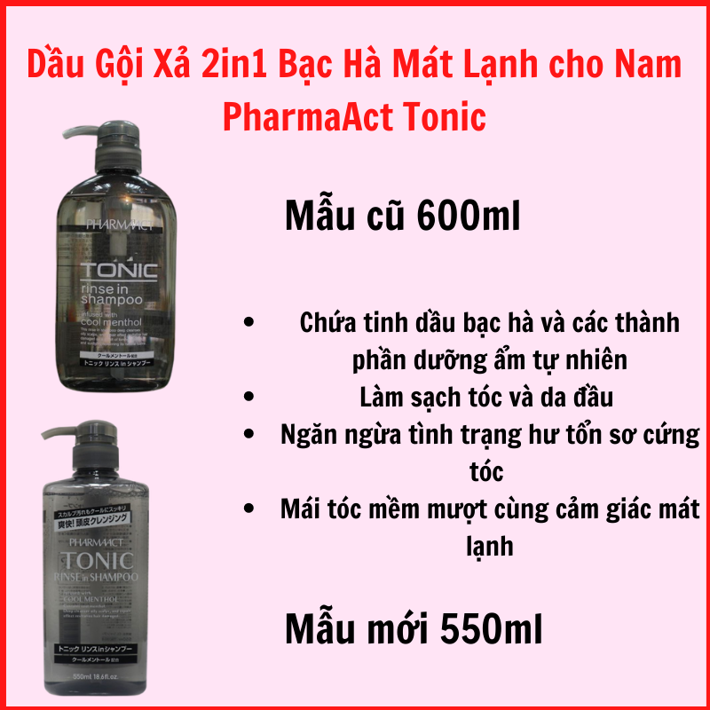 Dầu Gội Xả 2in1 Bạc Hà Mát Lạnh cho Nam PharmaAct Tonic Rinse In Shampoo (600ml)