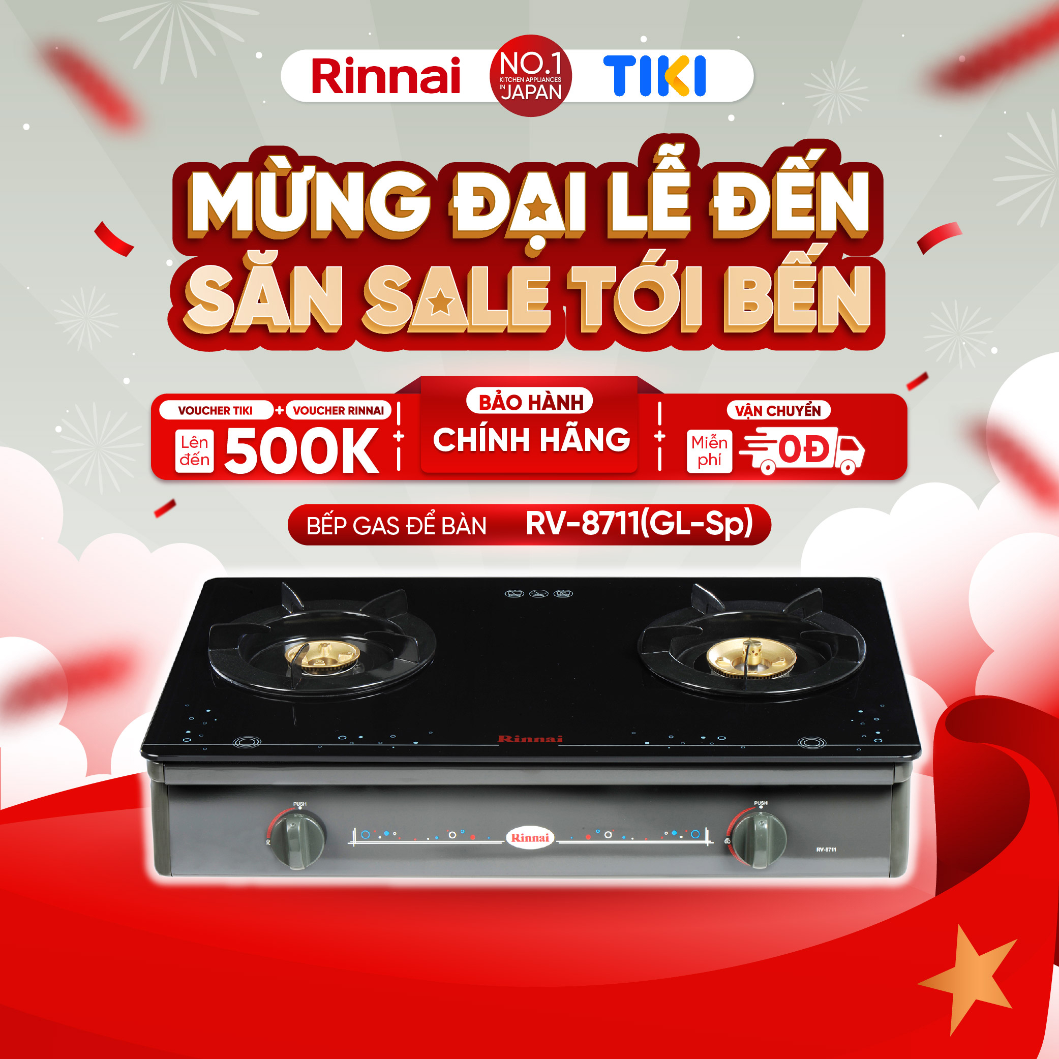 Bếp gas dương Rinnai RV-8711(GL-Sp) mặt bếp kính và kiềng bếp men - Hàng chính hãng.