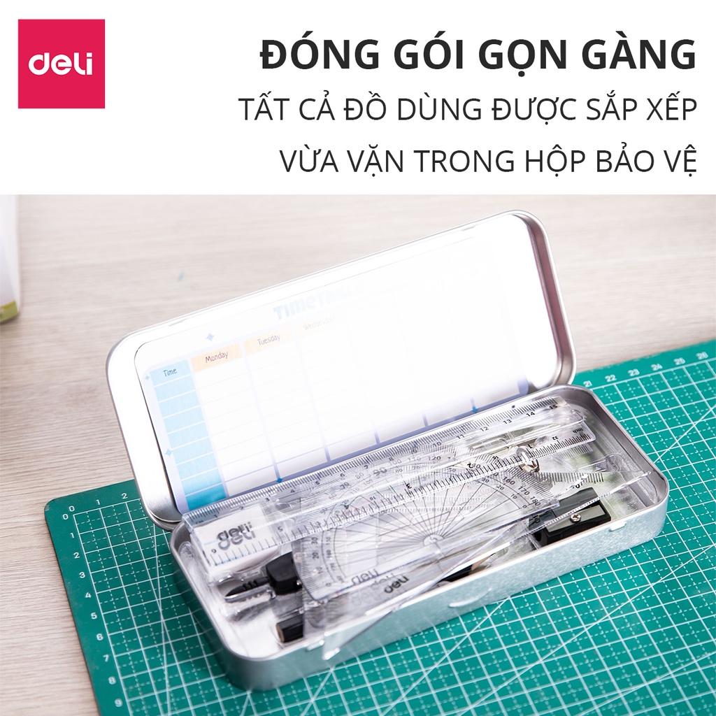 Bộ 9 Dụng Cụ Đo Lường Compa, Eke, Thước kẻ, Bút chì, Thước Đo Góc, Gọt Chì, Tẩy Học Sinh Kèm Hộp Sắt Tiện Dụng Deli - EG30695