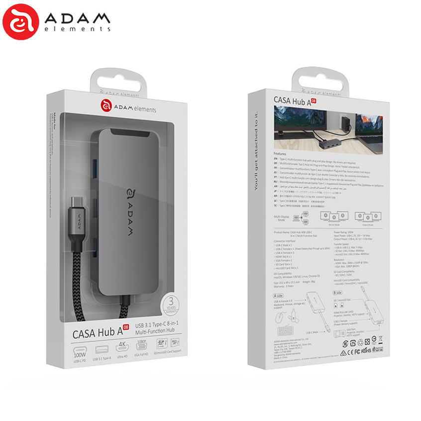 Cổng Chuyển Đa Chức Năng Adam Elements 8 in 1 USB-C CASA Multi-Function - Hàng Chính Hãng