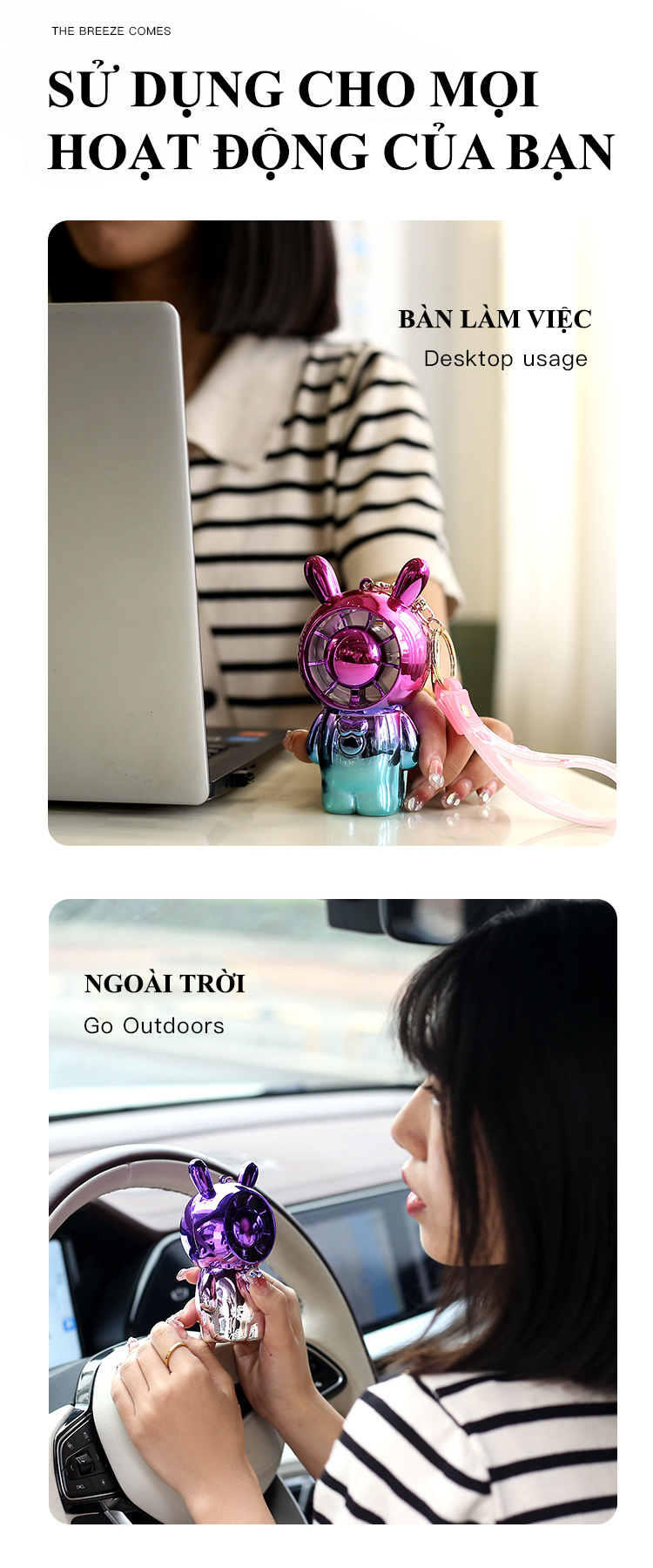 Quạt mini cầm tay kèm theo móc treo tiện lợi với thiết kế dễ thương nhỏ gọn có 2 mức độ gió siêu mát