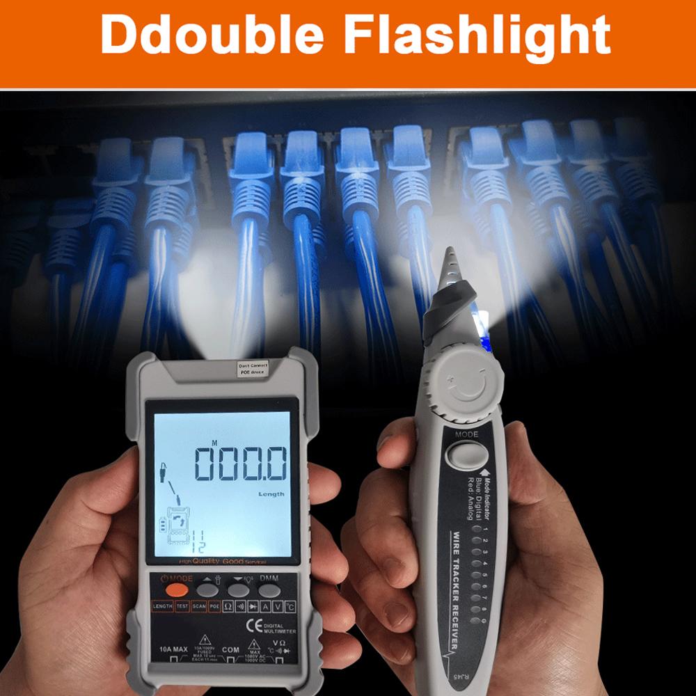 Handheld Portable 2in1 Network Cable Tester Multimeter LCD Display with Backlight Analogs Digital Search POE Test Cable Pairing Sensitivity Adjustable Network Cable Length Short Open Circuit Measure Trackers Multifunctional Cable Tester