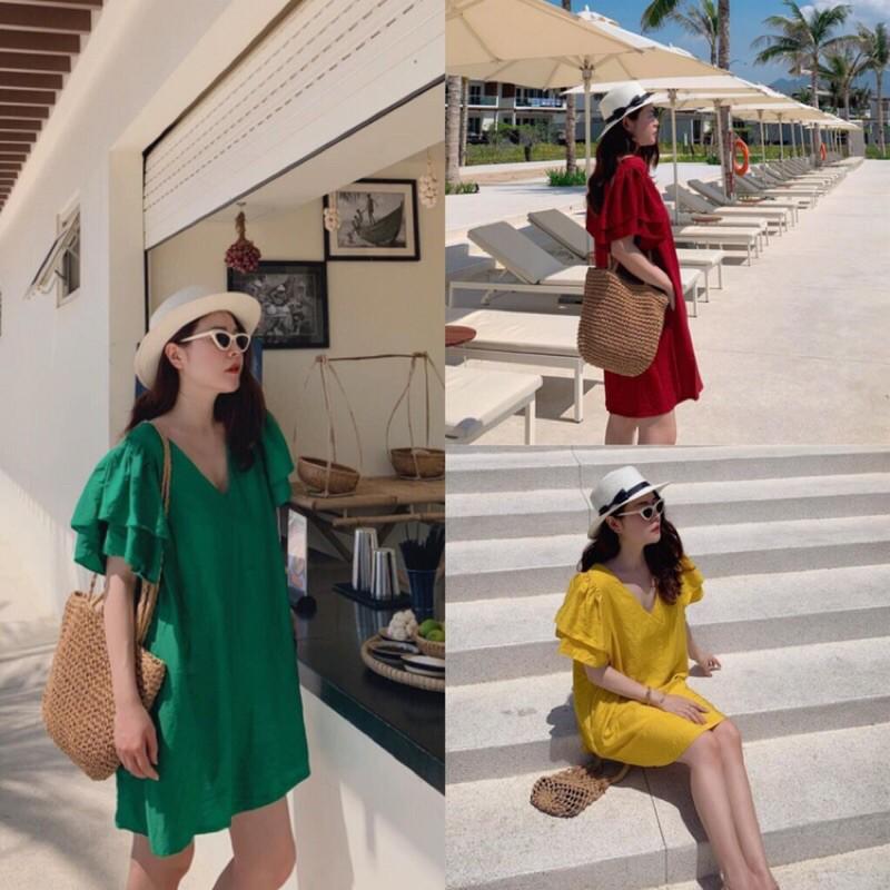 Đầm suông cổ V tay bèo có 3 màu