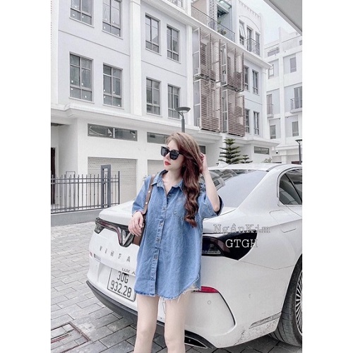 Áo sơ mi jean cộc tay Quảng châu CO GIÃN oversize cho nữ ATN772