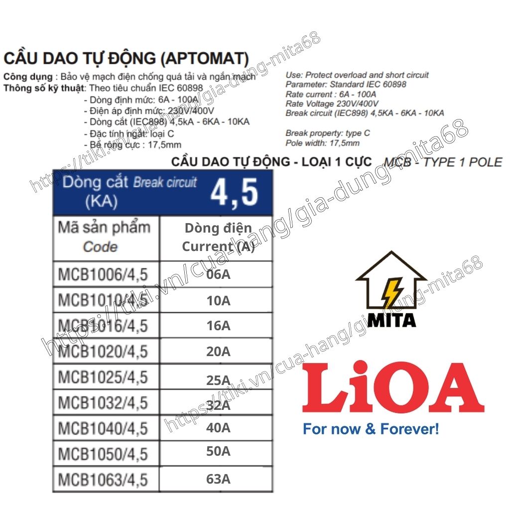 Cầu dao an toàn LIOA 1 Cực 6A đến 63A dòng cắt 4,5KA/10KA LIOA MCB1P