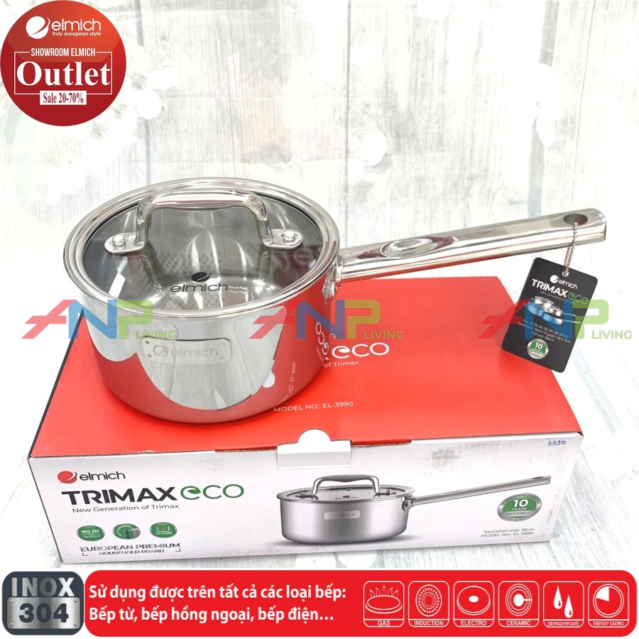 Quánh Nồi Bột Inox 304 3 lớp đáy liền Trimax ECO ELMICH El3990 16cm