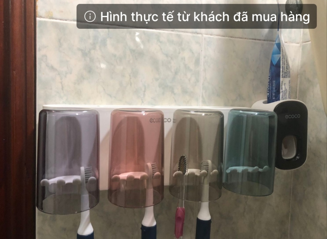 Bộ dụng cụ nhả kem đánh răng tự động 4 cốc và giá treo bàn chải đa năng PHT SUS-ECOOO-E1922-chất liệu ABS cao cấp
