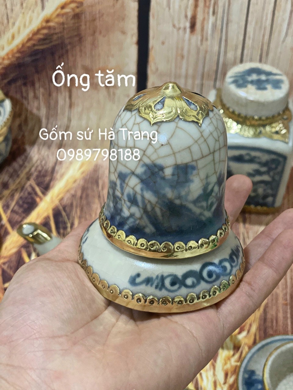 Ống tăm  gốm sứ Bát Tràng cao cấp men rạn bọc đồng