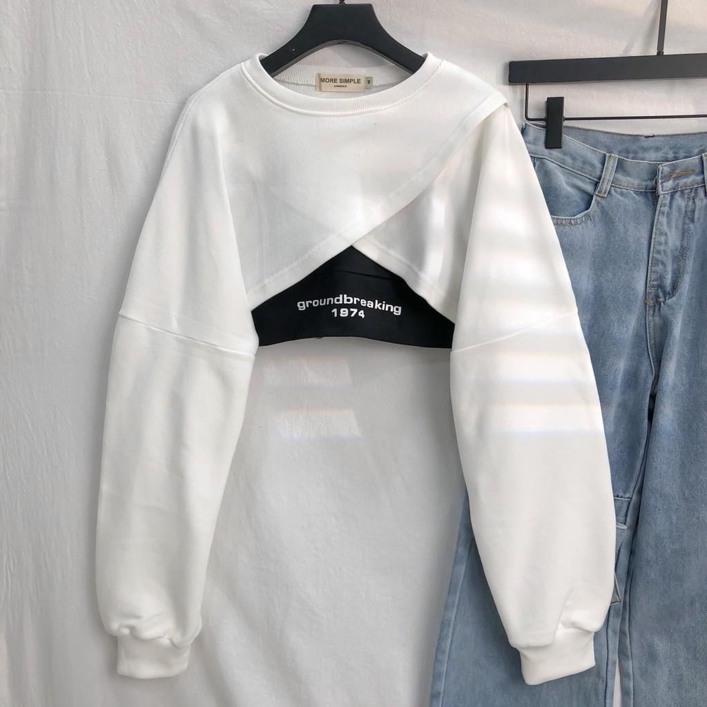 Áo Croptop Dài Tay Dáng Rộng Đắp Chéo Phong Cách Hàn Quốc