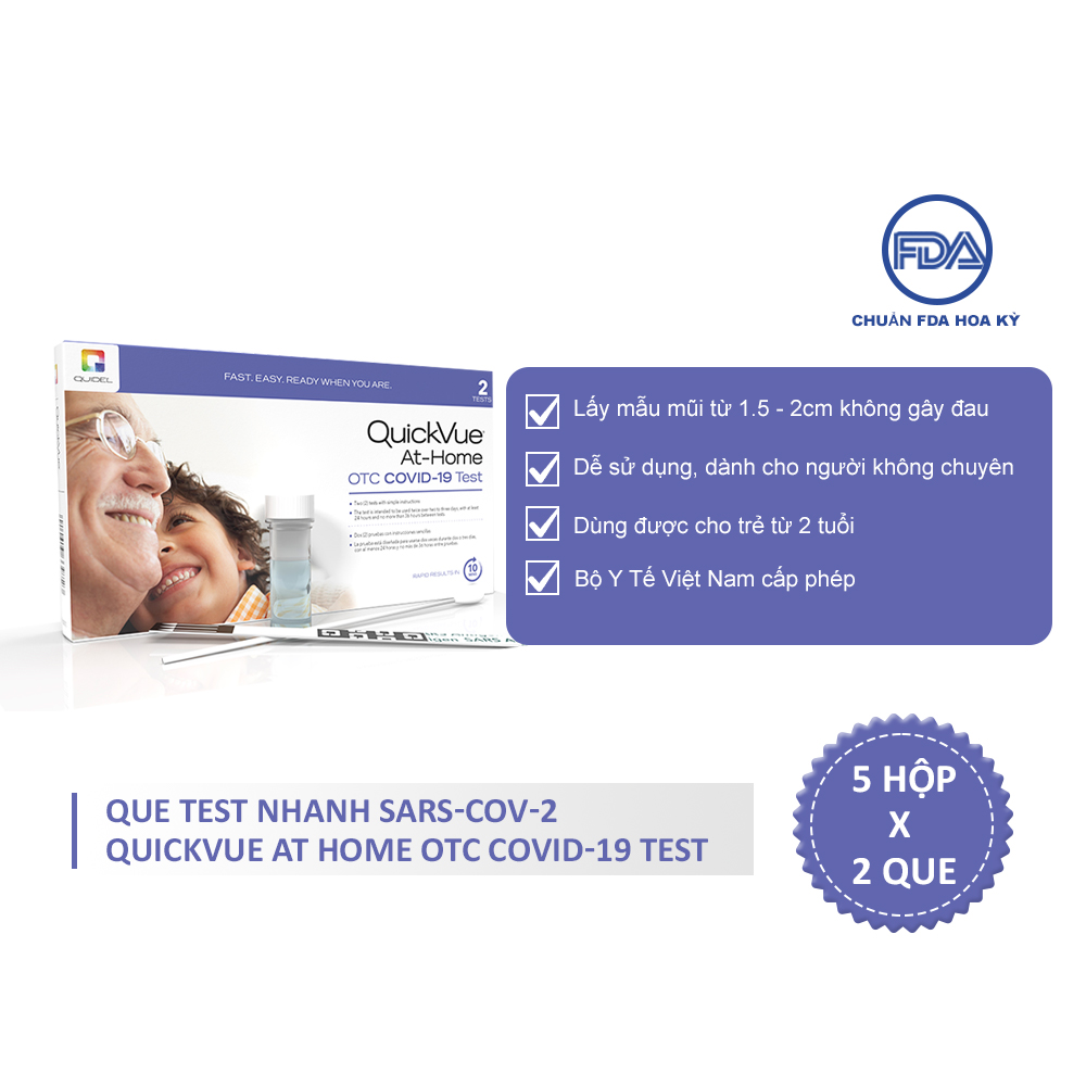 Combo 5 hộp x 2 kit QuickVue Covid-19 Test nhanh tại nhà (lấy mẫu mũi chỉ 1.5 - 2cm không gây đau) - Hàng Mỹ chính hãng