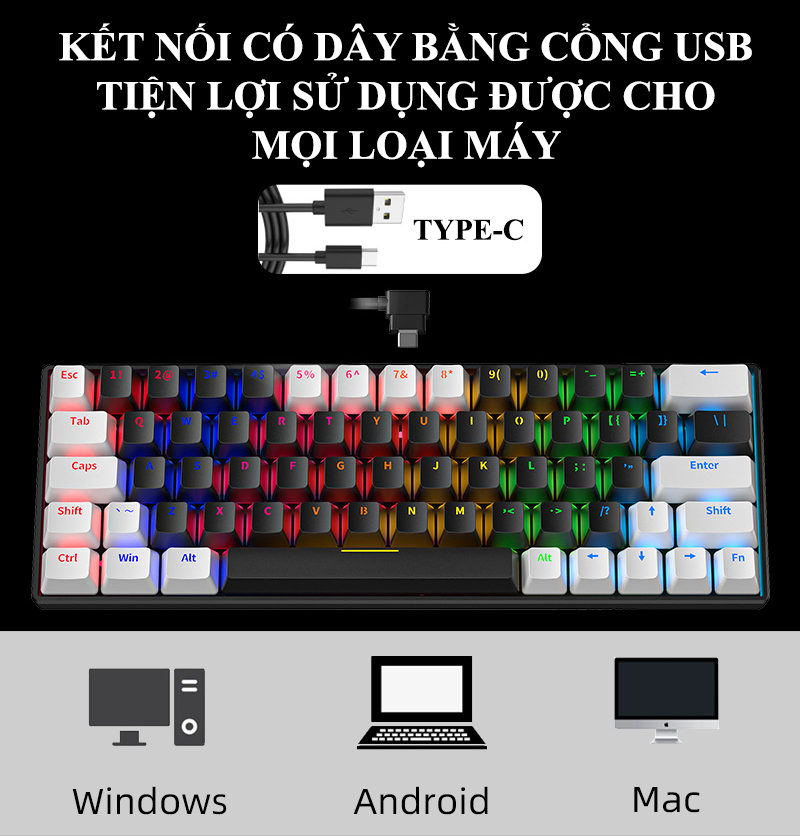 Bàn phím cơ Blue Switch ZIFRIEND KA6406 với thiết kế mini size vô cùng nhỏ gọn kèm theo đèn led RGB - Hàng Chính Hãng