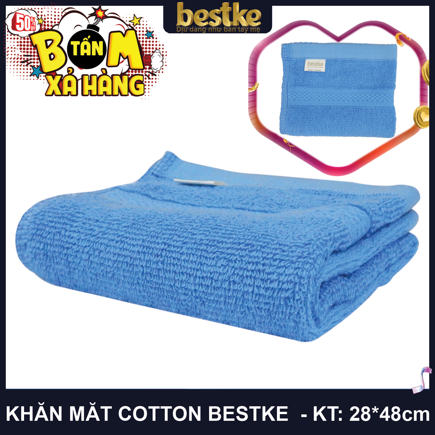 Bestke Khăn Mặt 100% Cotton, Mềm Mại và Siêu Thấm Hút Nước , COMBO 4 cái KT 28cm*48cm/cái, Màu Blue, towel factory