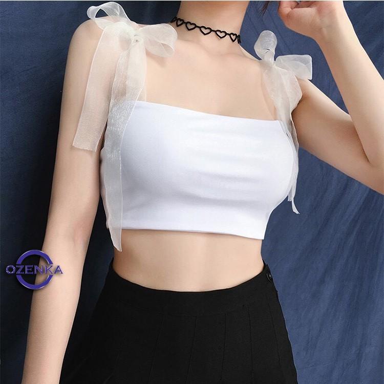 Áo croptop trên phối dây voan , áo hai dây kiểu thắt nơ ruy băng thun gân mịn mát hai dây điều chỉnh được 155