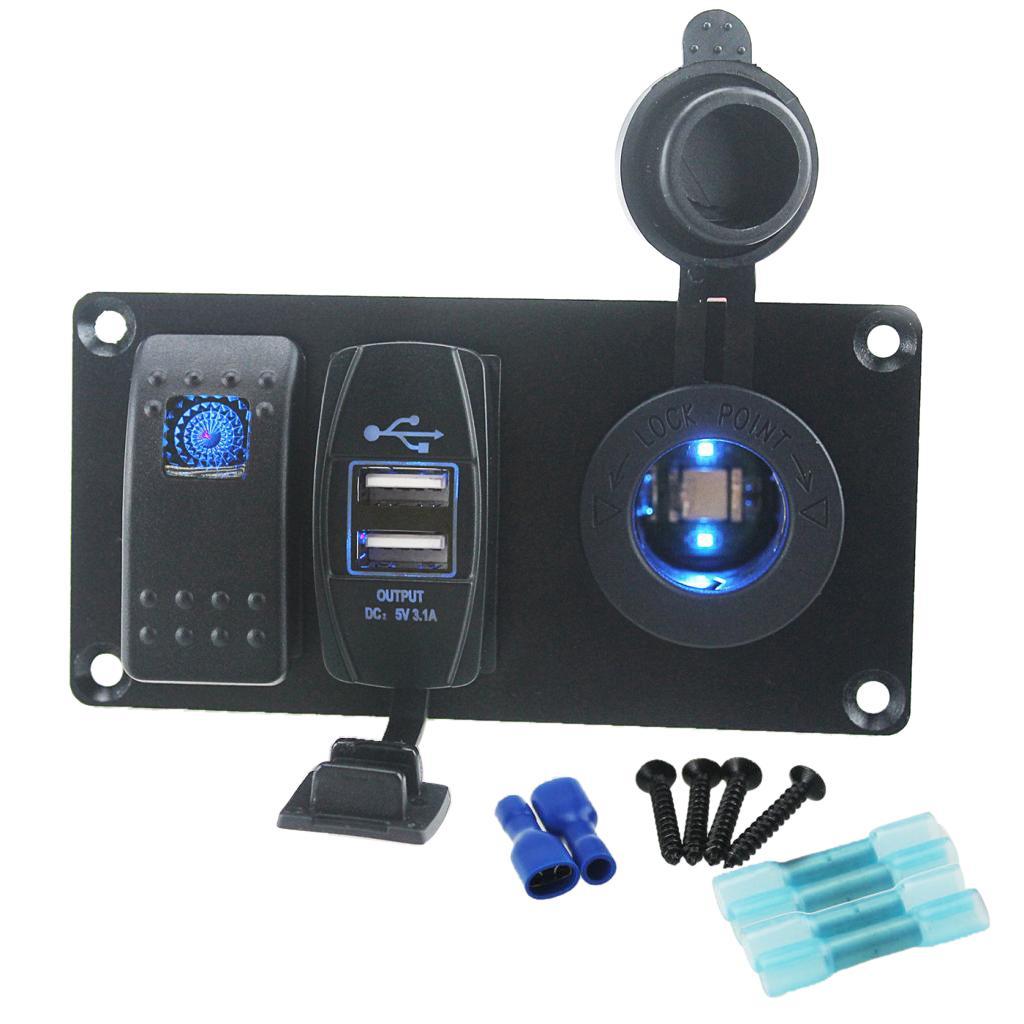 Car Boat Panel Blue Rocker Switch + USB Power Charger + Cigarette Lighter