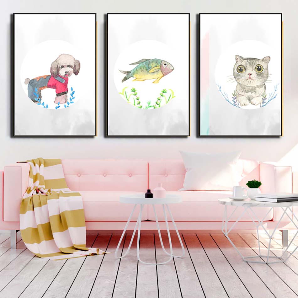 Bộ 3 tranh canvas trang trí phòng trẻ em Chó con, Cá và Mèo nhỏ - TTE017