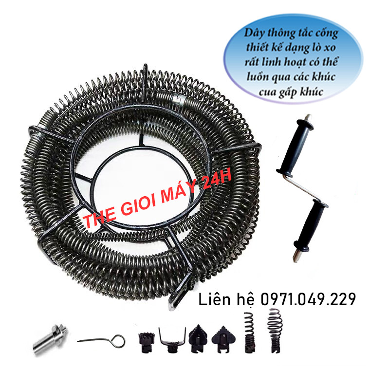 Dây Thông Tắc Cống Phi 16 Dung Tay Quay - dài 21m(gồm 1 tay quay + 21m dây+ bộ 6 đầu thông+ 1đầu kết nối máy khoan )