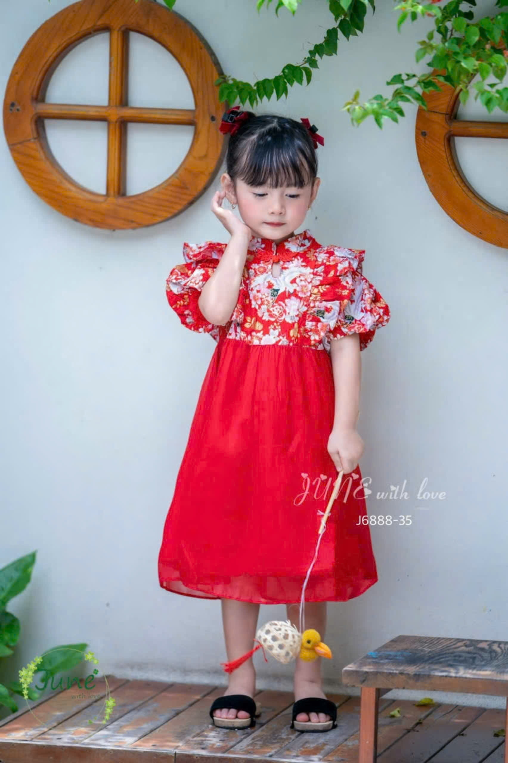 Đầm công chúa sườn xám phối voan hoa anh đào cho bé gái size 10-35kg hàng thiết kế cao cấp