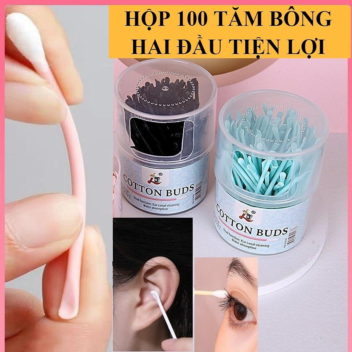 Tăm Bông Ngoáy Tai Hộp 100 Que, 2 Đầu Tiện Dụng, 1 Đầu Lấy Ráy Tai, 1 Đầu Bông Để Trang Điểm, Làm Sạch Vết Thương....