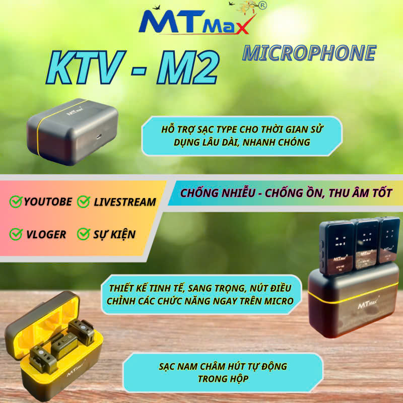 Wireless Microphone Không Dây MTMAX KTV-M2 - Đẳng Cấp Cho Mọi Sự Kiện Lớn - Thu Âm Tốt, Chống Nhiễu, Chống Ồn. Wireless 2.4G Lên Đến 40M - Livestream, Vloger, Video. Hàng Chính Hãng