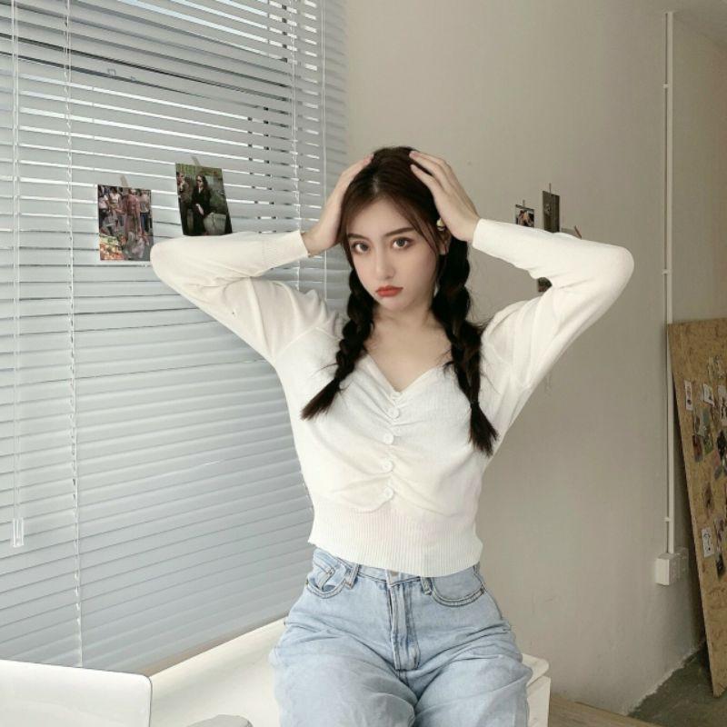 ÁO KIỂU THUN PHỐI NÚT TRƯỚC DÀI TAY