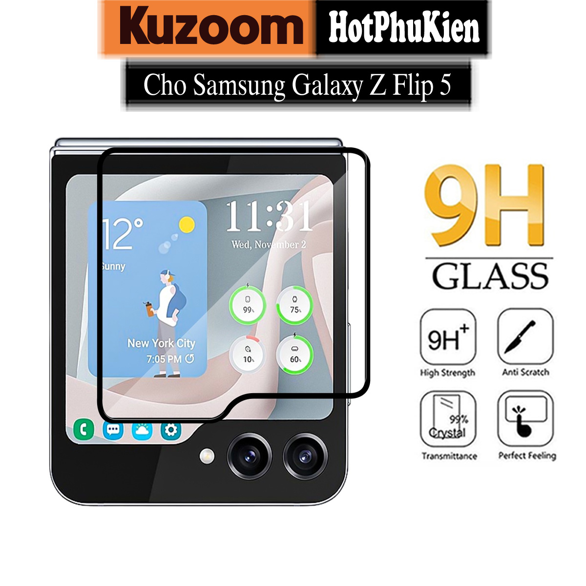 Miếng dán kính cường lực màn hình phụ cho Samsung Galaxy Z Flip 5 full 9D hiệu HOTCASE Kuzoom Protective Glass - mỏng 0.3mm, vát cạnh 2.5D, độ cứng 9H, viền cứng mỏng chống vỡ cạnh - Hàng nhập khẩu