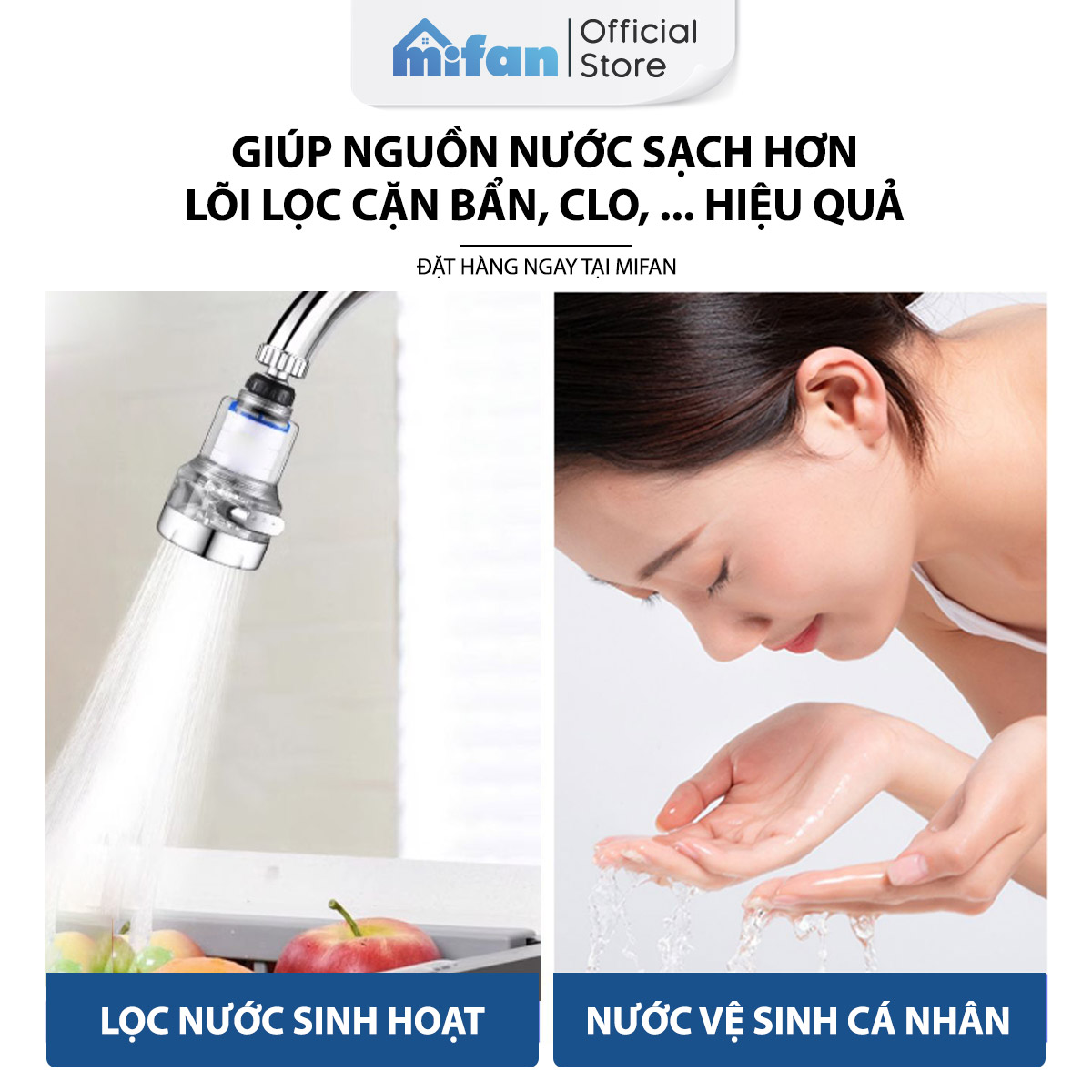 Đầu vòi rửa bát tăng áp lọc nước 3 chế độ phun Mifan - Lõi PP loại bỏ cặn bẩn, clo, màu và mùi, cổ xoay 360 bồn rửa chén