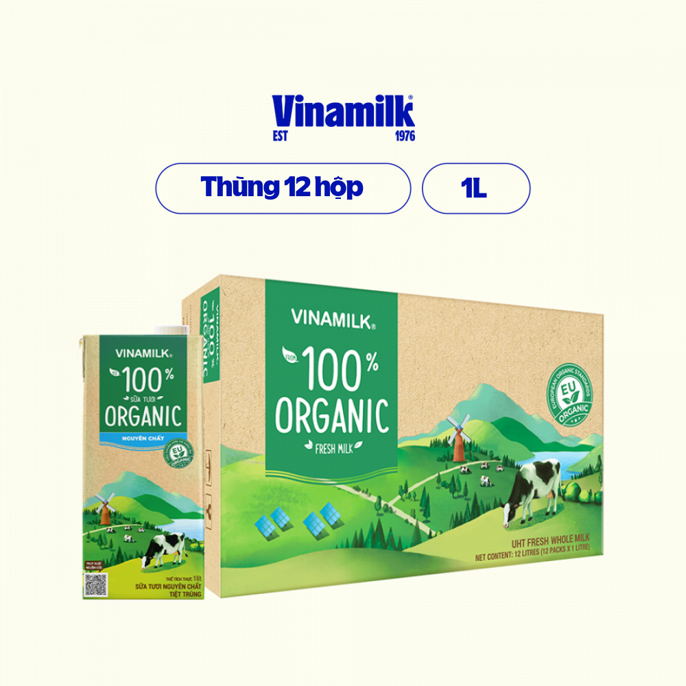 Thùng 12 Hộp Sữa Tươi Tiệt Trùng Vinamilk 100% Organic Không Đường