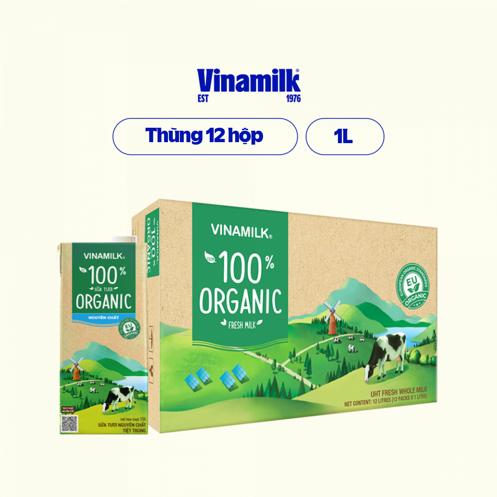 Thùng 12 Hộp Sữa Tươi Tiệt Trùng Vinamilk 100% Organic Không Đường (1lít)