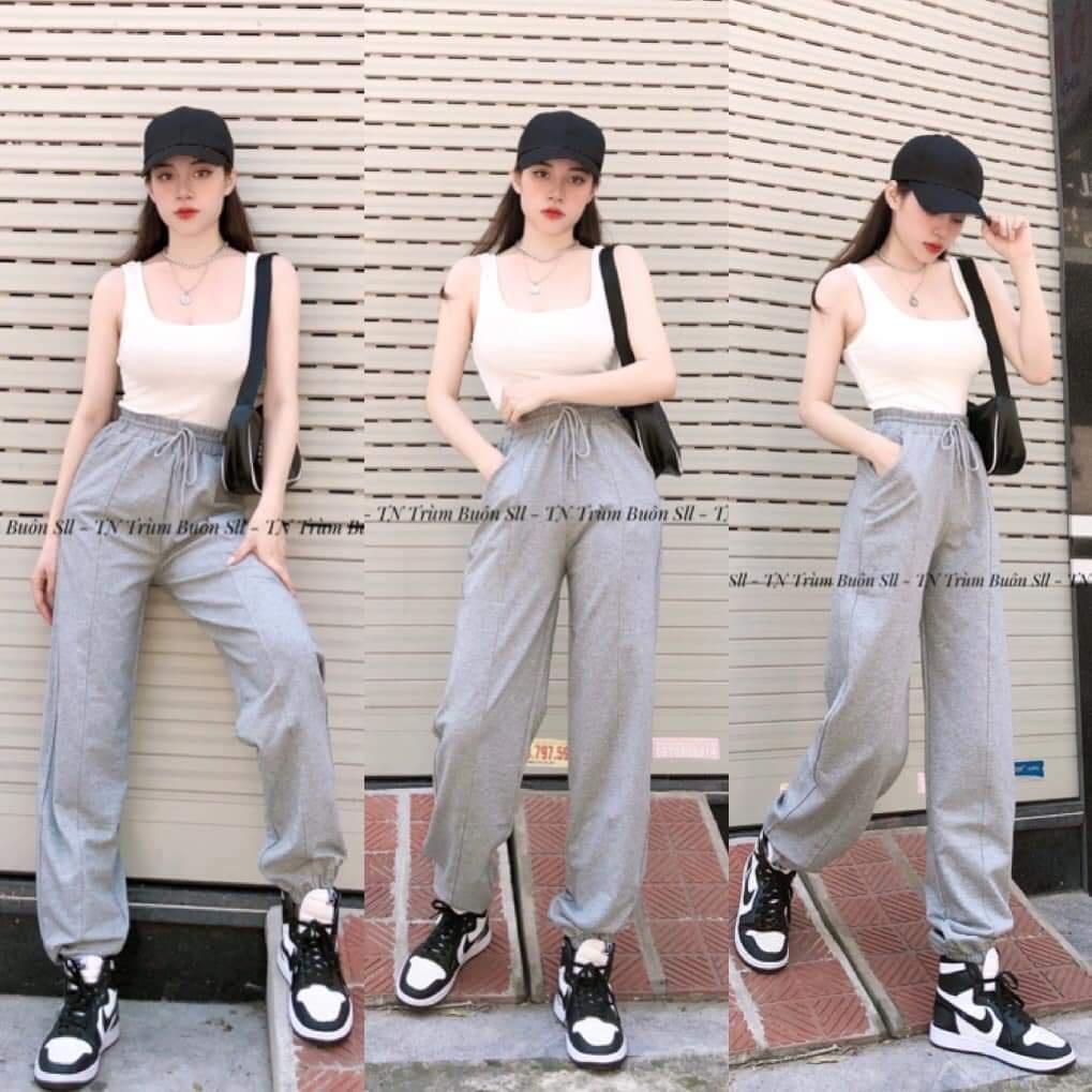 Quần jogger nữ bo gấu gân giữa vải thun da cá - Quần Harem lưng cao ống rộng phong cách Ulzzang bo gấu gân giữa