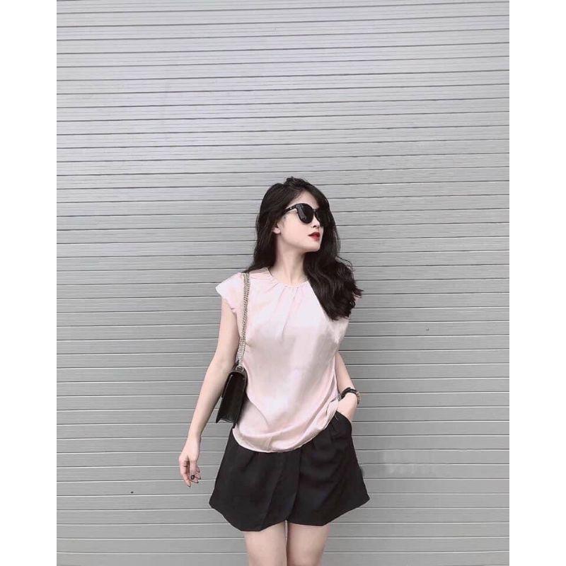 SET ÁO LỤA NUDE VÁY SHORT ĐEN