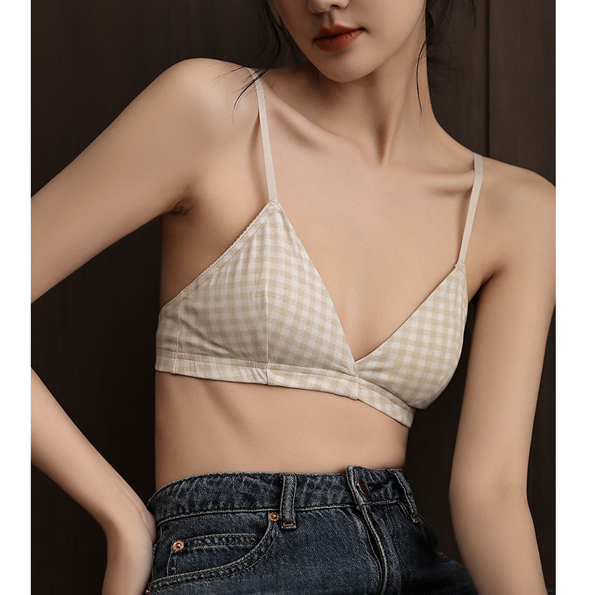 Hình ảnh Bralette Cotton Đệm Mỏng Họa Tiết Kẻ Caro Thoáng Mát Phong Cách Nhật Bản B497