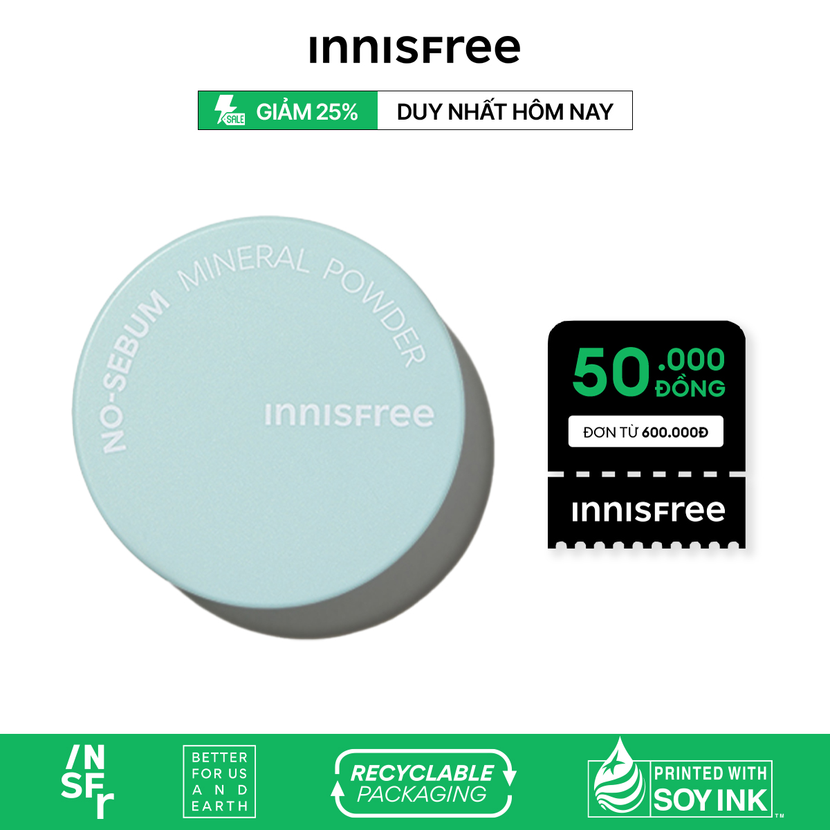 Phấn phủ kiềm dầu dạng nén innisfree No Sebum Mineral Pact 8.5g