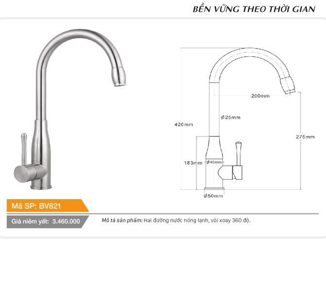 Vòi cố định cổ hình bầu dục xoay 360 độ nóng lạnh inox Tundo Boss BV821 420*50*275 mm