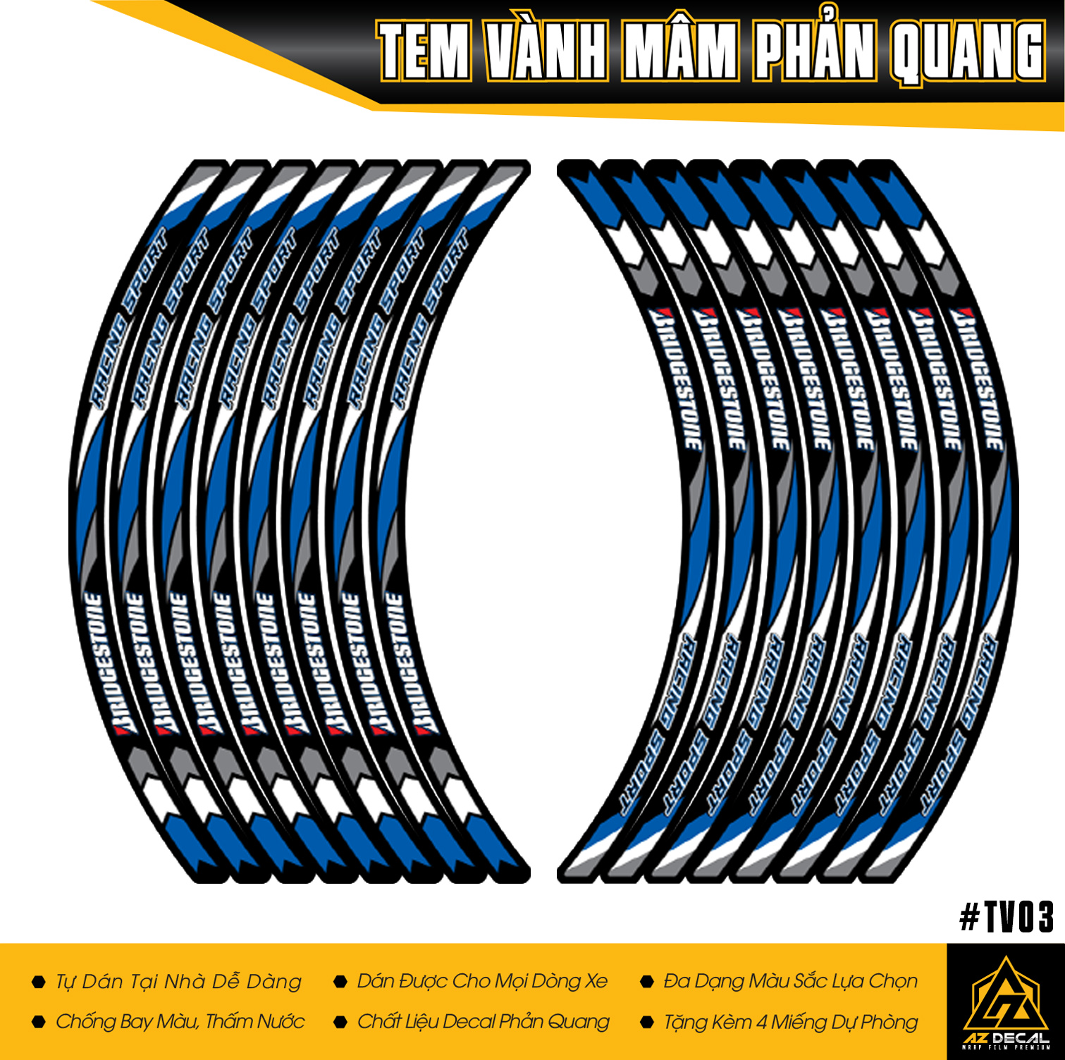 Tem Vành Phản Quang Bridgestone | TV03 | Decal Dán Mâm Xe Máy, Xe Điện Chống Nước, Bền Màu