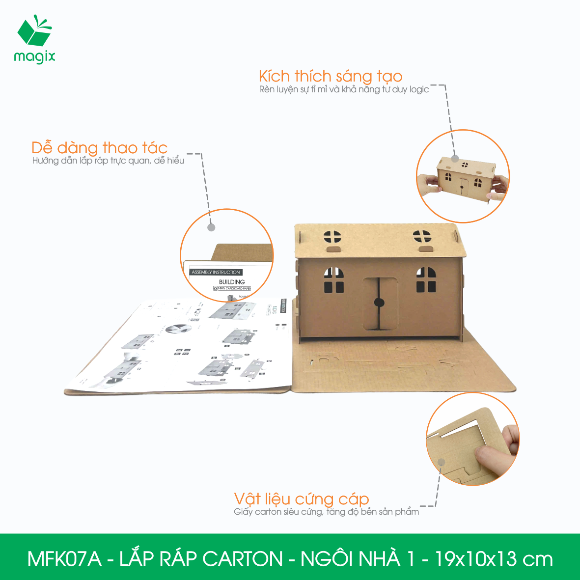 MFK07A - 19x10x13 cm - Mô hình ngôi nhà lắp ráp từ bìa carton cao cấp, nhà giấy carton mini sáng tạo