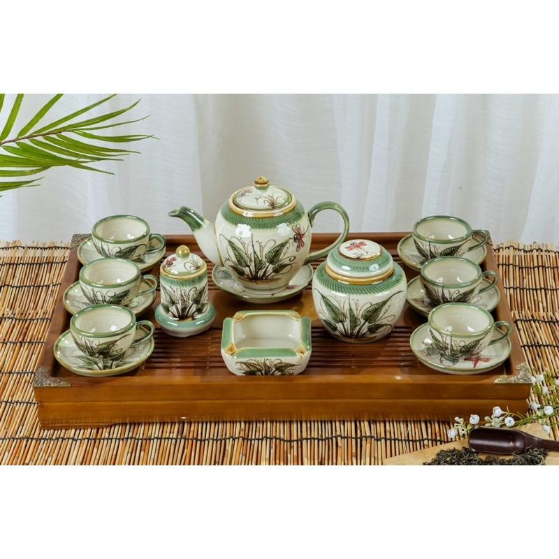 Bộ ấm trà+ phụ kiện, men dong. Gốm sứ Bát Tràng.