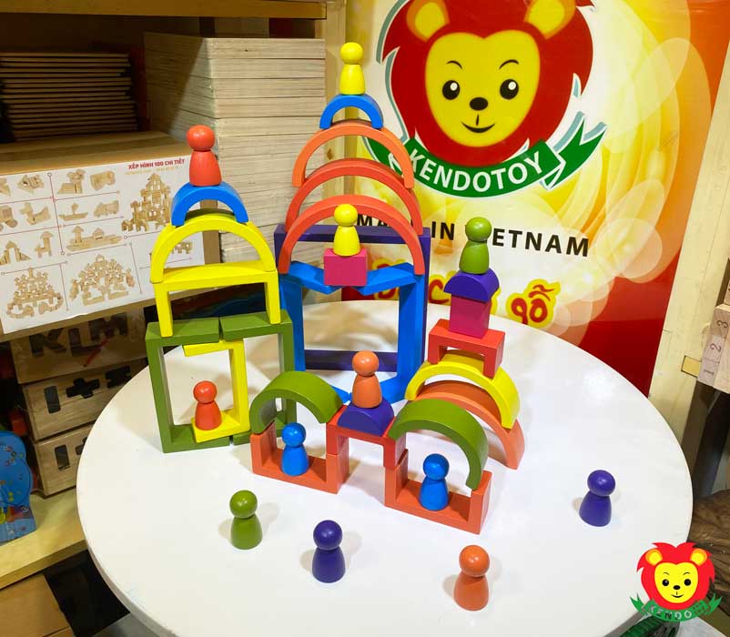 Bộ xếp hình cầu vồng khối xây dựng tạo hình Montessori, đồ chơi xếp hình 3D, giáo cụ mầm non