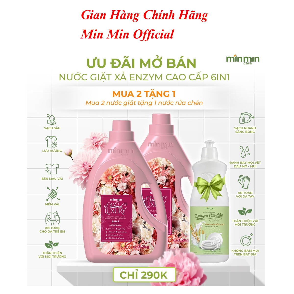 Combo 2 Can Nước Giặt Min Min Natural Laxury Giặt Tay, Giặt Máy Bền Đẹp Bền Màu Hương Nước Hoa 3.2Kg