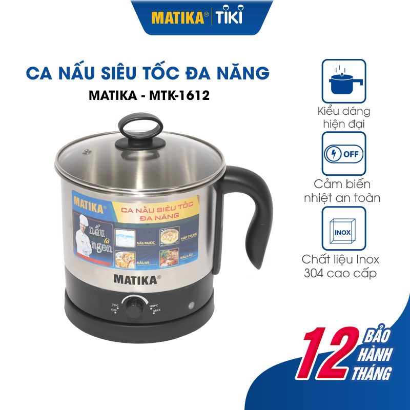 Ca Nấu Đa Năng 1.6L Inox 304 Matika MTK-1612 Công Suất 600W ,Ca Nấu Siêu Tốc,Nồi Lẩu Điện Mini,Nấu Mì. Nấu Lẩu,Đun Nước,Luộc Trứng -Hàng Chính Hãng