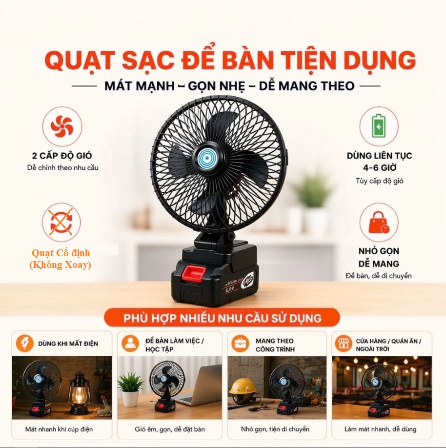 Quạt Tích điện Dùng Pin Rời 10 Cell 48V Metal Cố Định (Không Xoay)