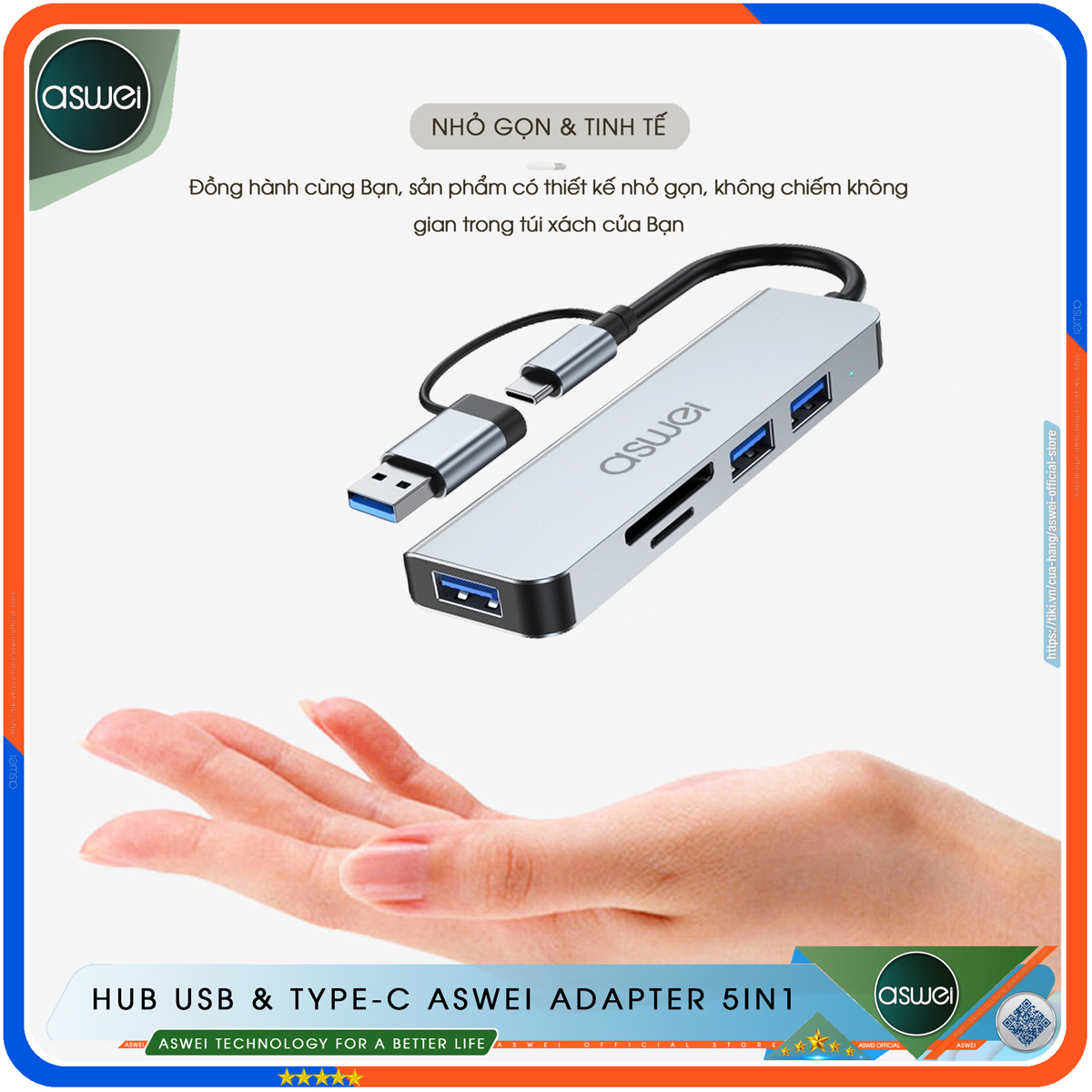 Hub Type C Và Hub USB ASWEI 5 in 1 To USB 3.0, SD, TF - Cổng Chia USB, Ổ Chia USB Tốc Độ Cao - Hub Chuyển Đổi USB Type C Dành Cho Macbook, Laptop, PC, Máy Tính Bảng, Điện Thoại - Hàng Chính Hãng