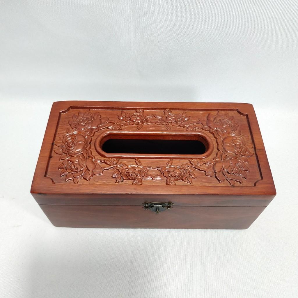 Hộp đựng giấy ăn GỖ HƯƠNG chạm khắc hoa hồng leo có viền