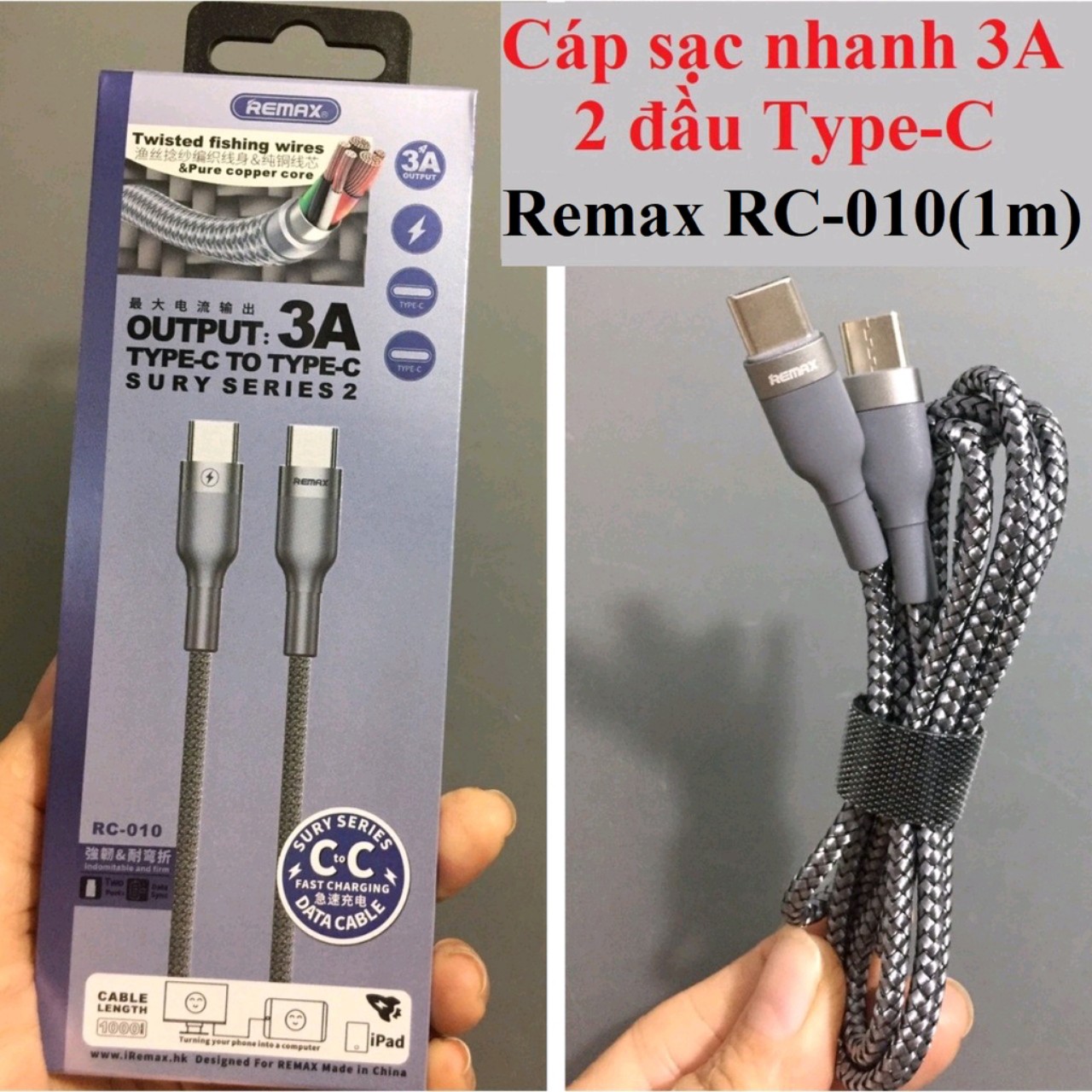 Cáp sạc nhanh 2 đầu type-C 3A Remax RC-010 (1m) _ Hàng chính hãng