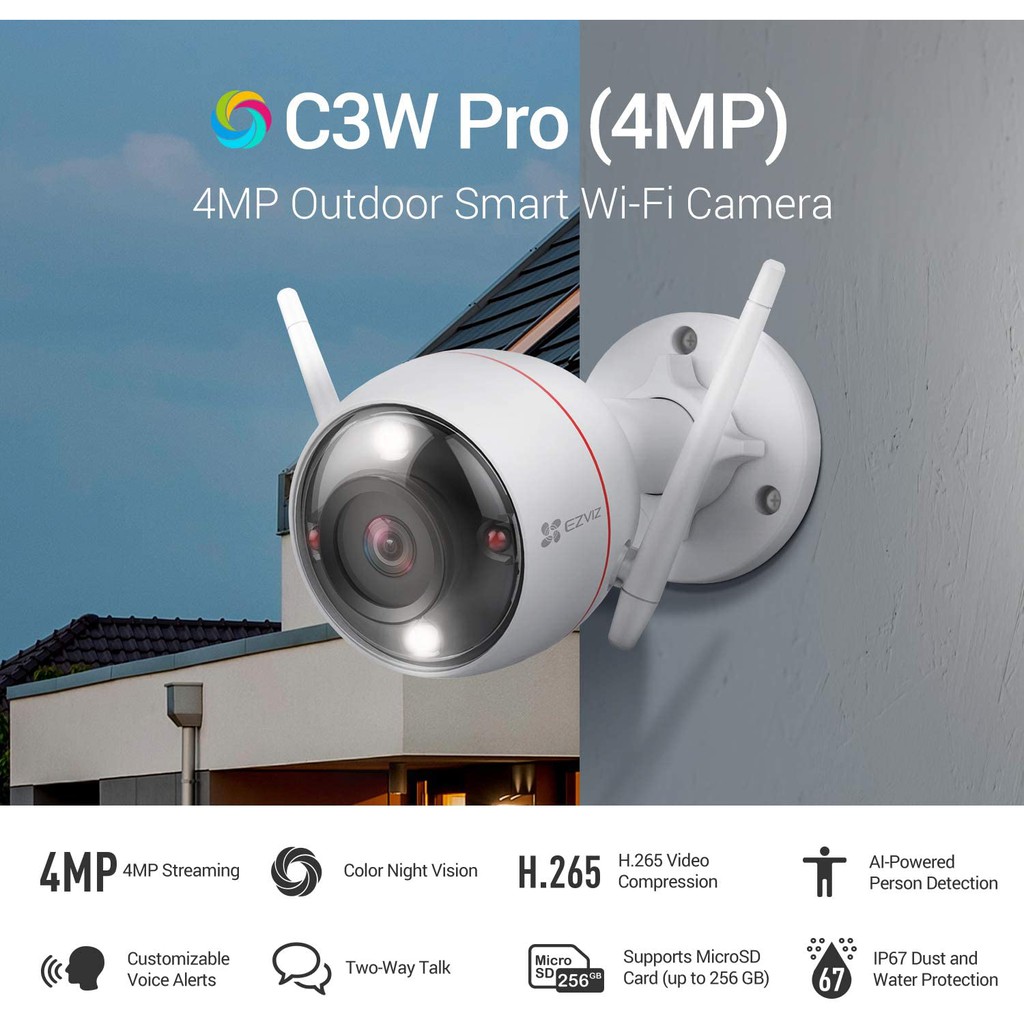 Camera CS-C3W : 4MP ok 2.8mm H265+ Color Night Pro Ezviz + THẺ NHỚ 32 (Hàng chính hãng)