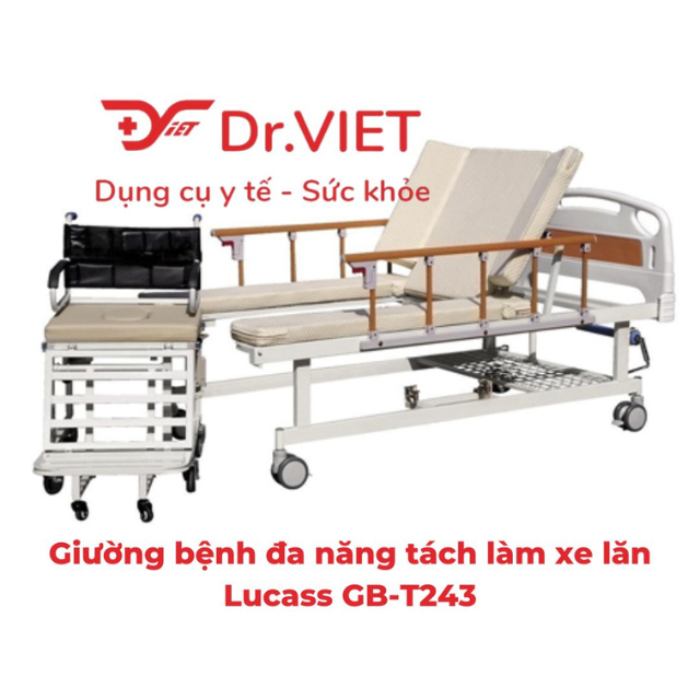 Giường bệnh đa năng tách làm xe lăn Lucass GB-T243 thiết bị y tế hỗ trợ cho người bệnh, có thể tách làm xe lăn để di chuyển tiện lợi, thiết kế chắc chắn, tải trọng đến 200kg,  hỗ trợ cho người bệnh và người chăm sóc rất nhiều trong cuộc sống hằng ngày.