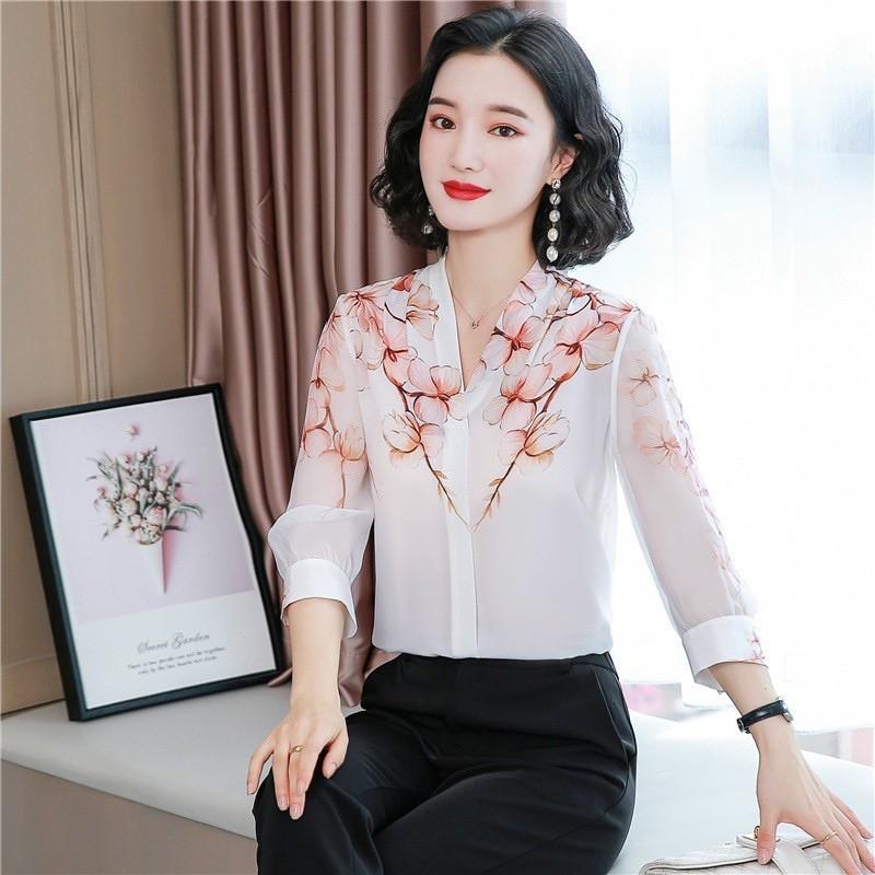 Sơ mi nữ dài tay_sơ mi cổ v vai hoa chất liệu nhẹ thoáng mát