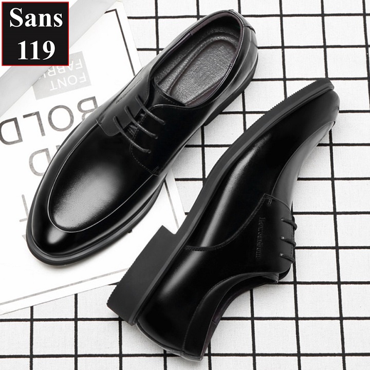 Giày tăng chiều cao nam da bò Sans119 độn đế 8cm công sở cao cấp buộc dây tây đen chú rể mặc vest size nhỏ 37 38 mũi tròn