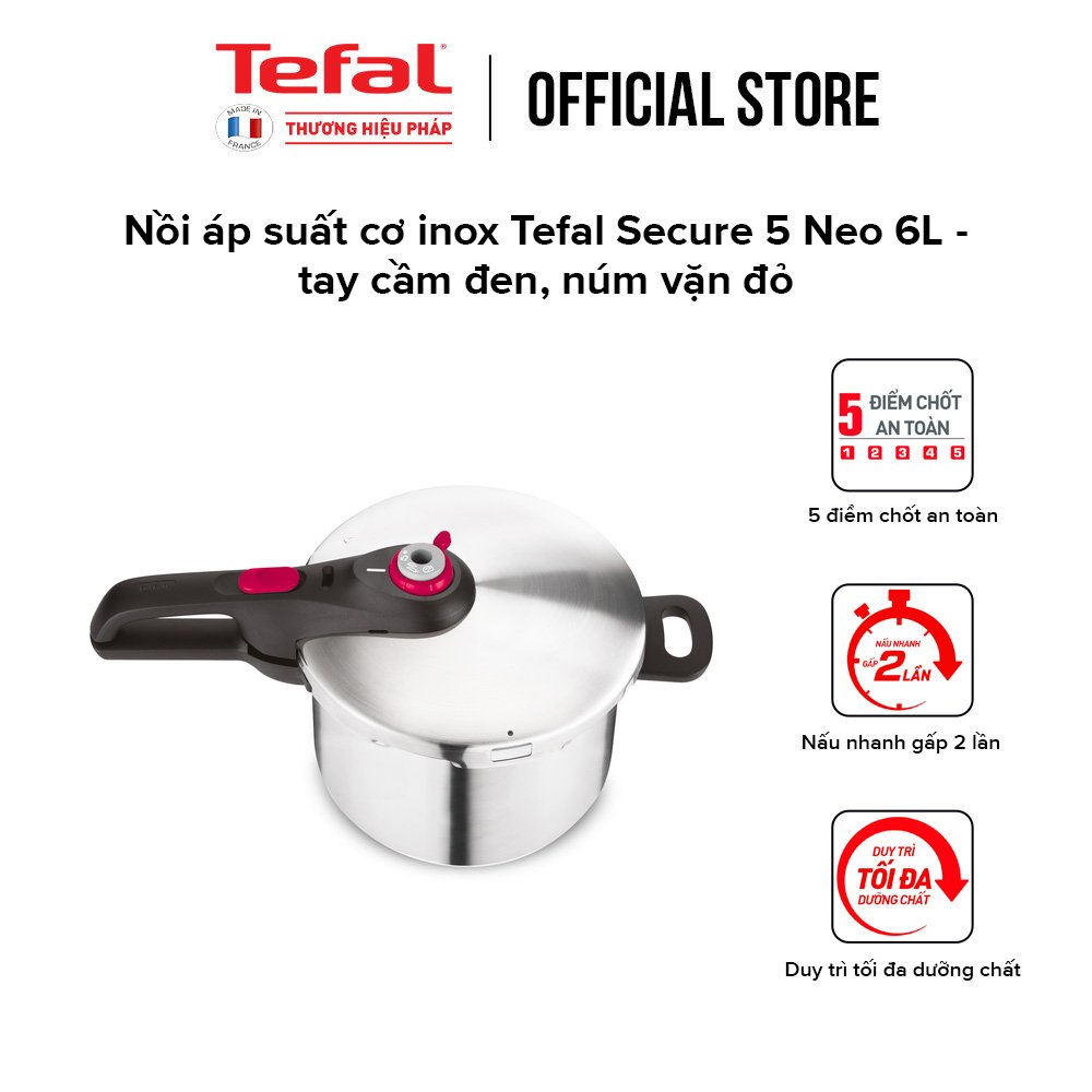 Nồi áp suất cơ inox Tefal Secure 5 Neo 6L - P2530750, dùng cho mọi loại bếp - Hàng chính hãng