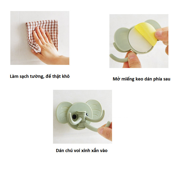Combo 5 Móc treo hình chú voi xinh xắn dán tường chịu lực 2kg